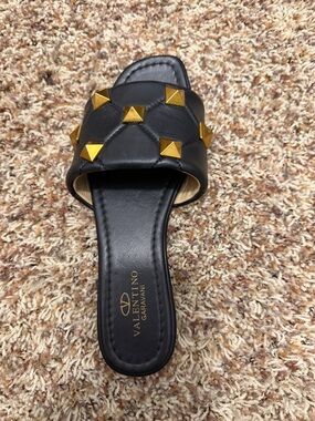 Valentino Black Leather Slide with Gold Pyramid Studs